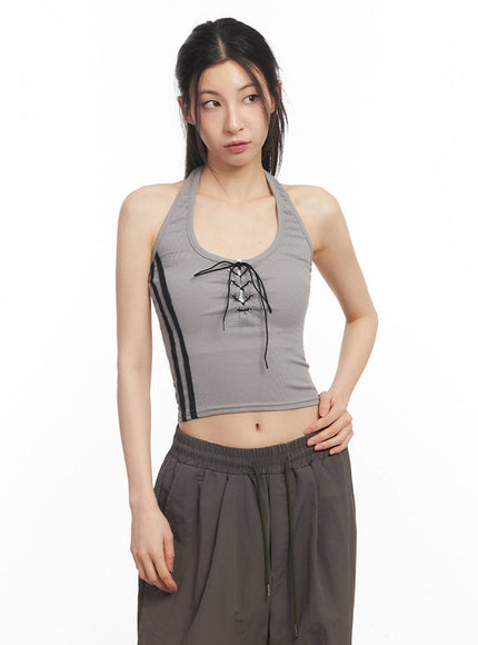 halter-lace-up-eyelet-crop-tank-top-iy529 / Gray