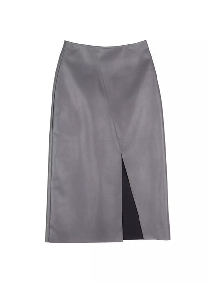 slit-faux-leather-maxi-skirt-id504 / Gray