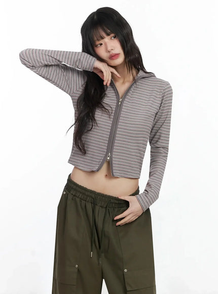 slim-fit-striped-zip-up-hoodie-f516 / Gray