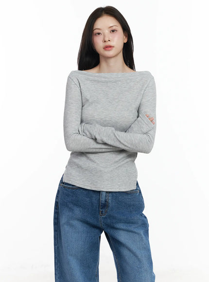 boat-neck-slit-side-long-sleeve-top-if524 / Gray