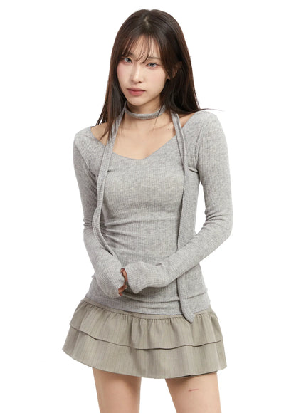 ribbed-v-neck-top-and-scarf-set-ij521 / Gray