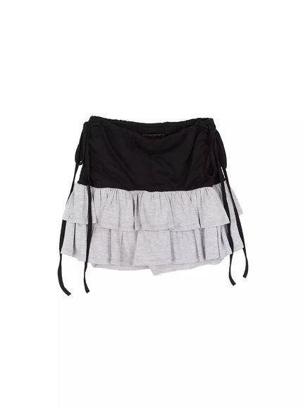 ruffle-shirred-ribbon-mini-skirt-iu524 / Gray