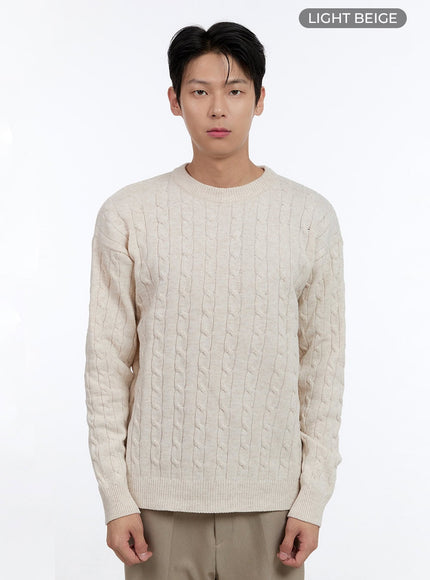mens-cable-knit-round-neck-sweater-ig428 / Light beige