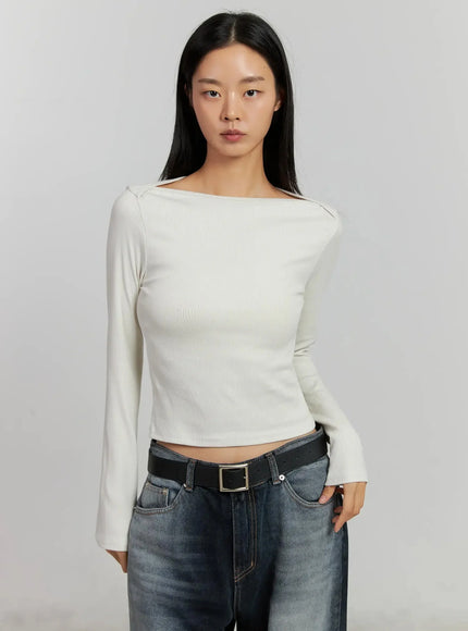 boat-neck-long-sleeve-top-ij505 / Light beige