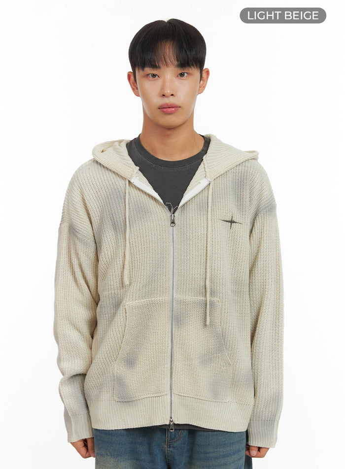 mens-two-way-zip-up-graphic-hooded-knit-is420 / Light beige