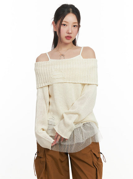 Off-Shoulder Distressed Sweater IM525