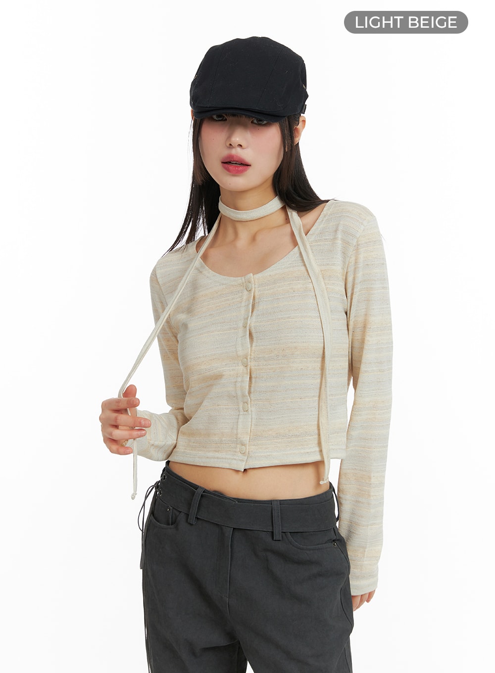 striped-button-cardigan-with-scarf-cf423 / Light beige