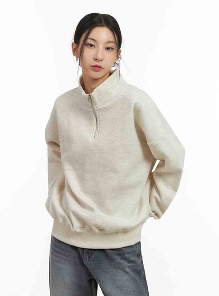 loose-fit-half-zip-sweatshirt-ij503 / Light beige