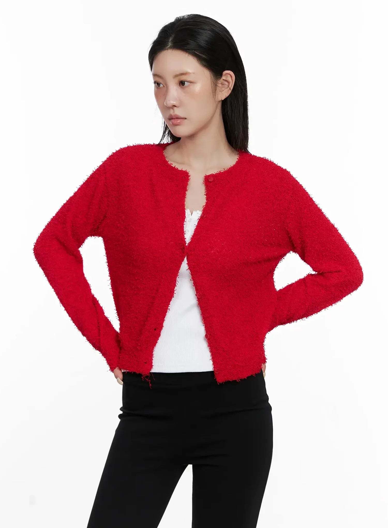 textured-knit-cardigan-is508 / Red
