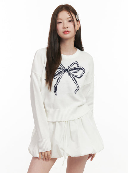 Ribbon Graphic Cropped Sweater IF505