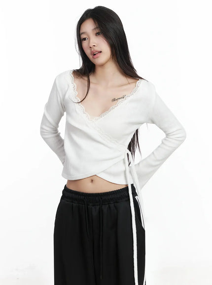 Lace Trim V-Neck Wrap Top IM506