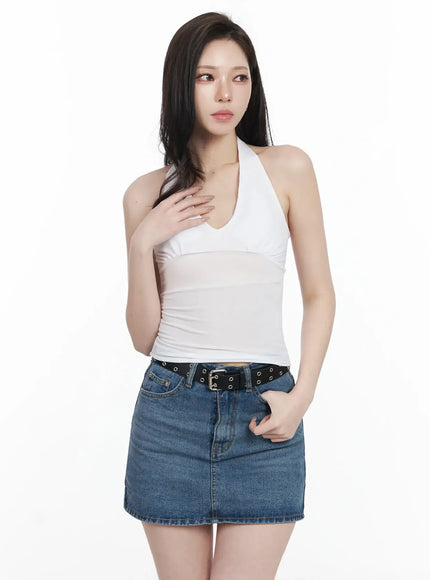 shirred-sleeveless-halter-neck-tank-top-ij528 / White