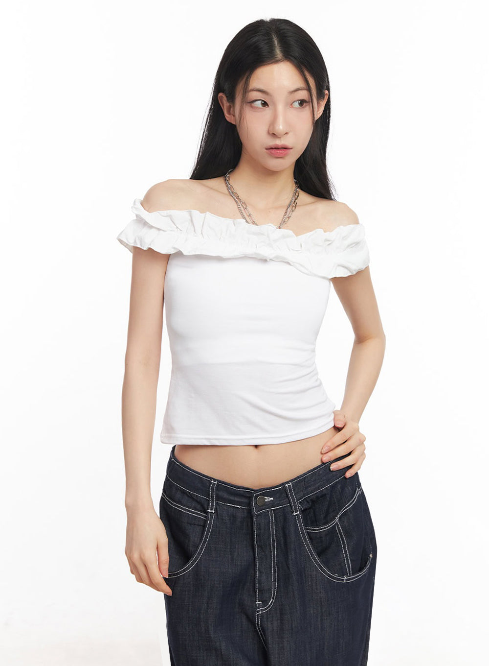 frill-off-shoulder-crop-top-iy529 / White