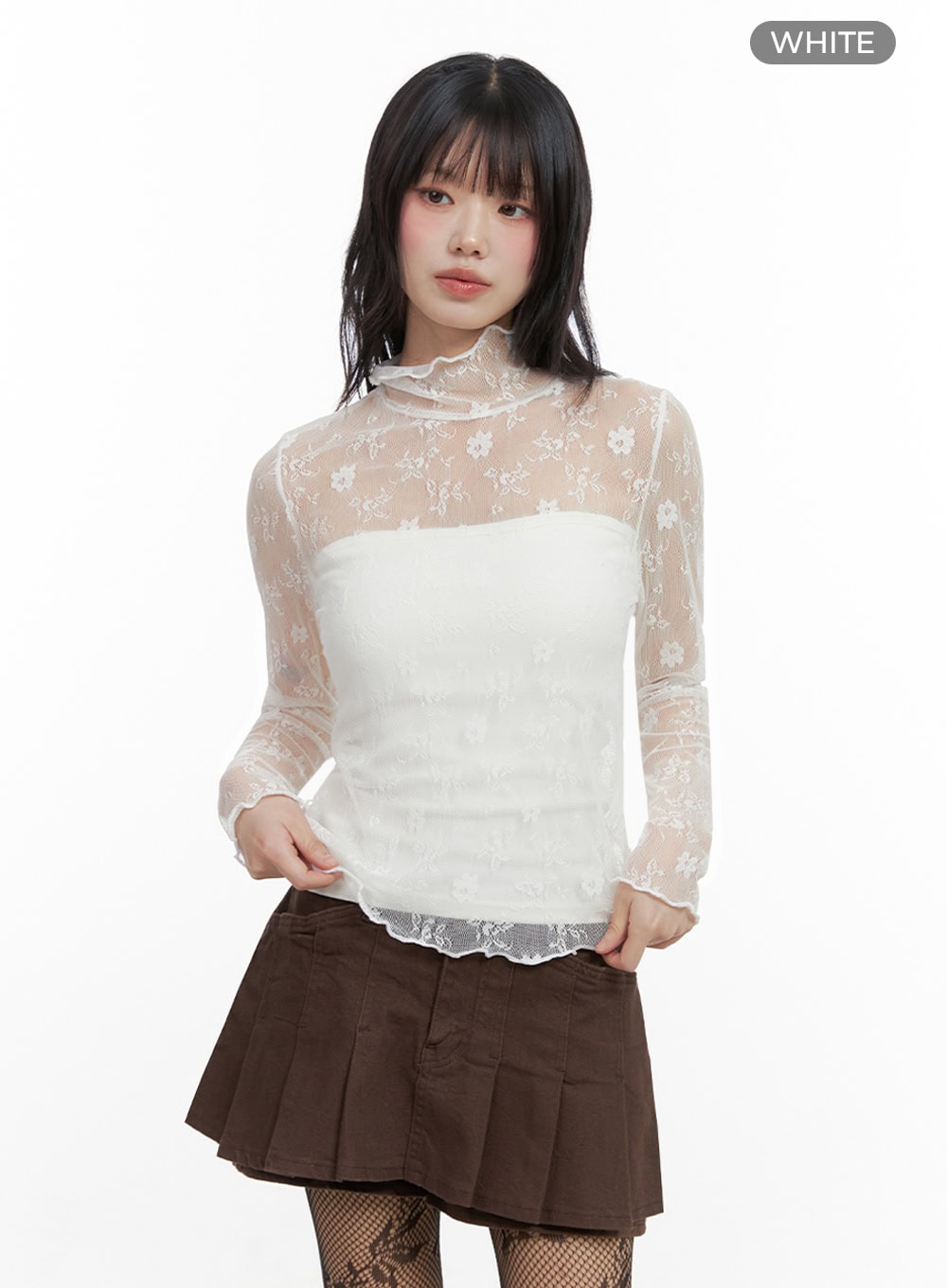 floral-lace-see-through-blouse-io430 / White