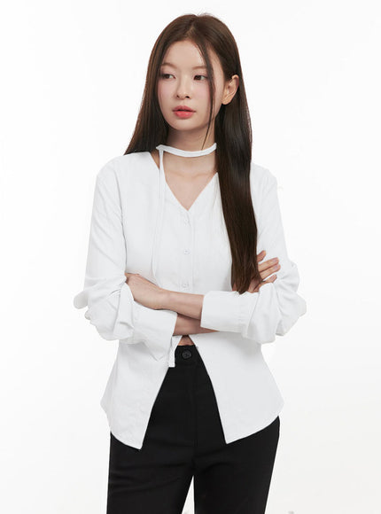 Slim-Fit Button-Down Blouse with Scarf IF505