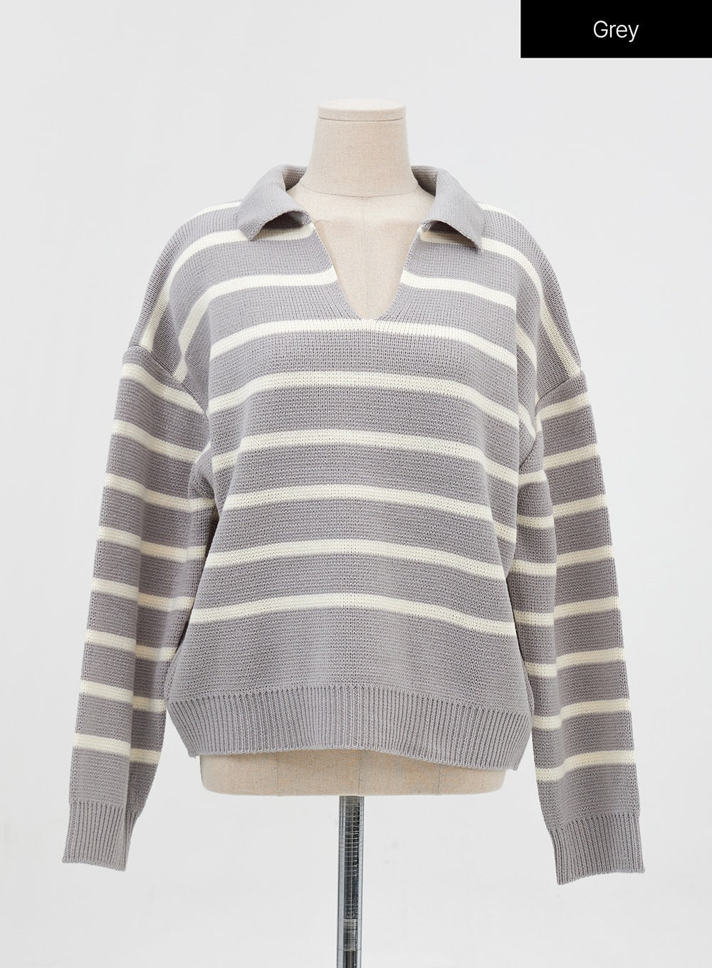 V-Neck Stripe Long Sleeve Knit with Collar IG24