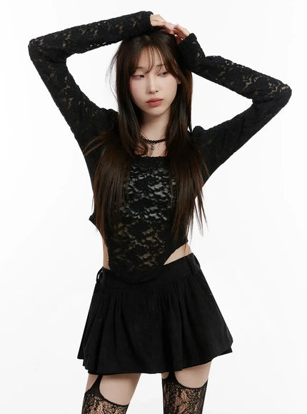 fleece-lace-long-sleeve-top-ij521 / Black