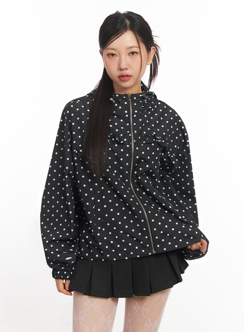 polka-dot-hooded-nylon-jacket-ia525 / Black