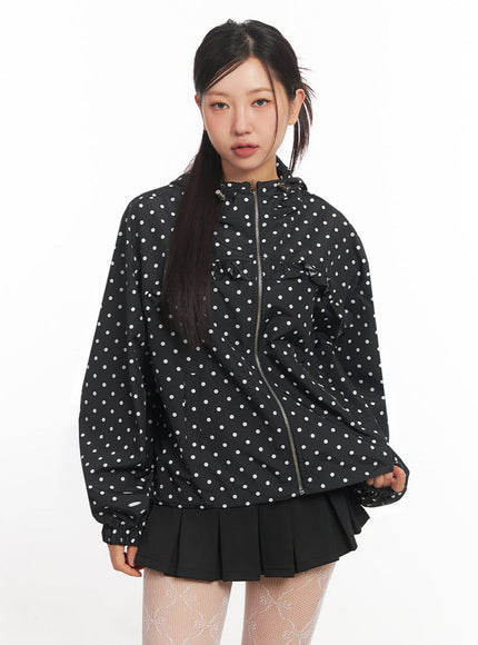 polka-dot-hooded-nylon-jacket-ia525 / Black