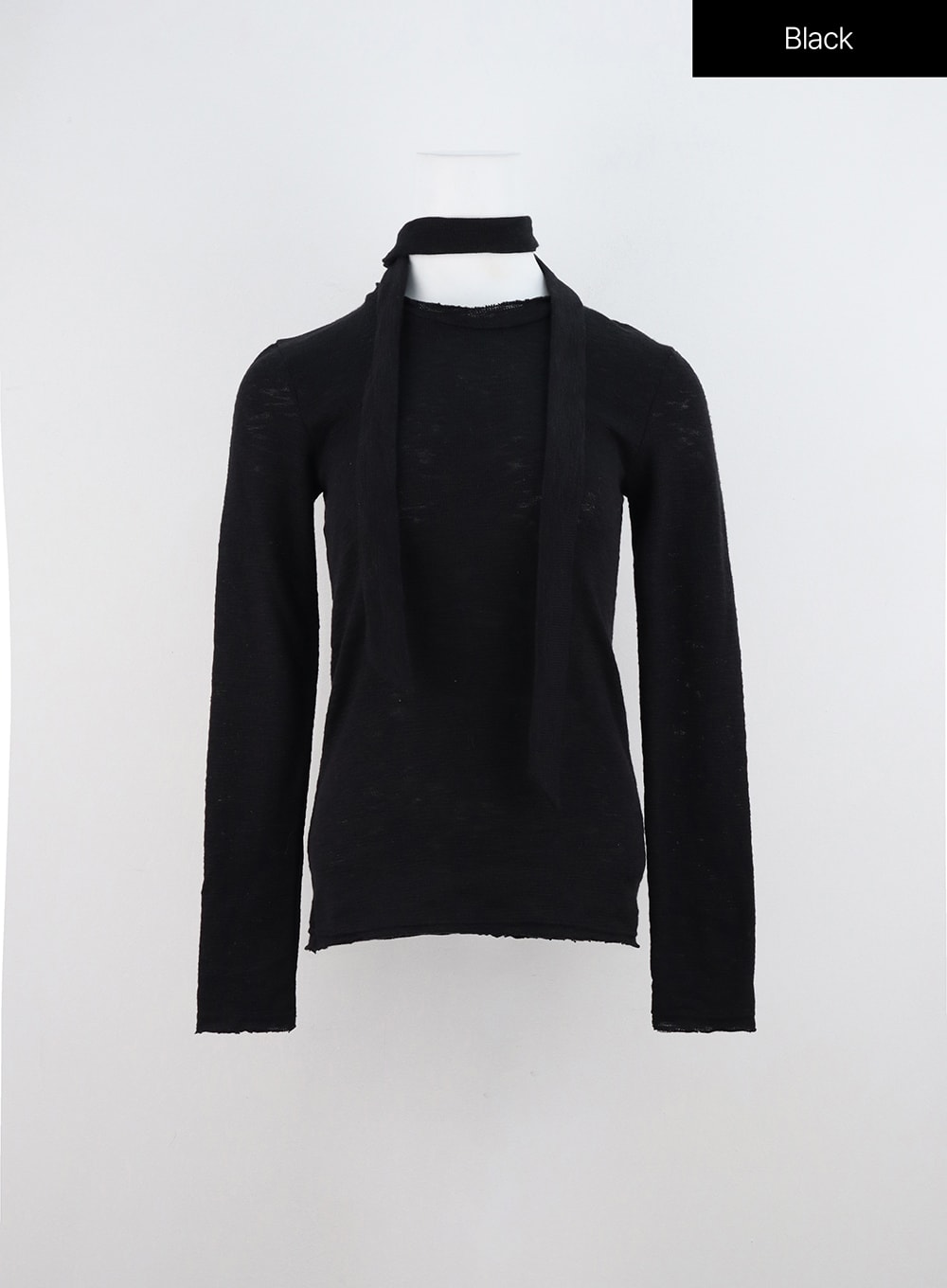 round-neck-knit-top-with-scarf-in327 / Black