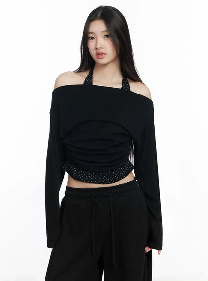 layered-halter-polka-dot-top-im504 / Black