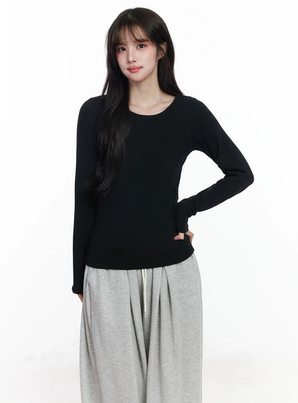 fleece-lined-round-neck-long-sleeve-ij529 / Black