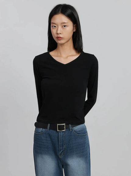 v-neck-long-sleeve-tee-id516 / Black