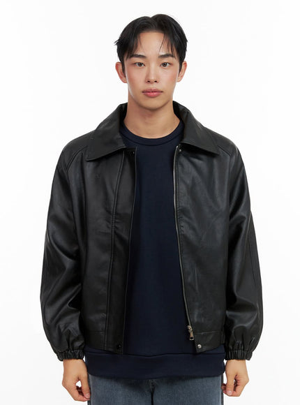 mens-collared-faux-leather-jacket-in426 / Black