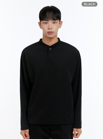 mens-henley-neck-long-sleeve-tee-is413 / Black