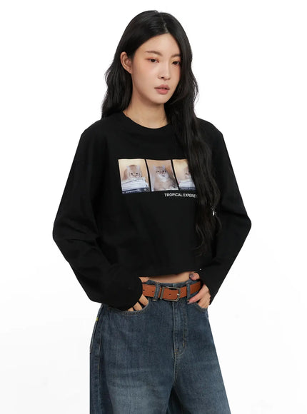 graphic-crop-long-sleeve-top-in528 / Black
