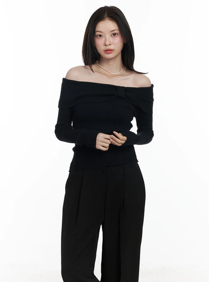 ribbon-off-shoulder-knit-long-sleeve-top-if520 / Black