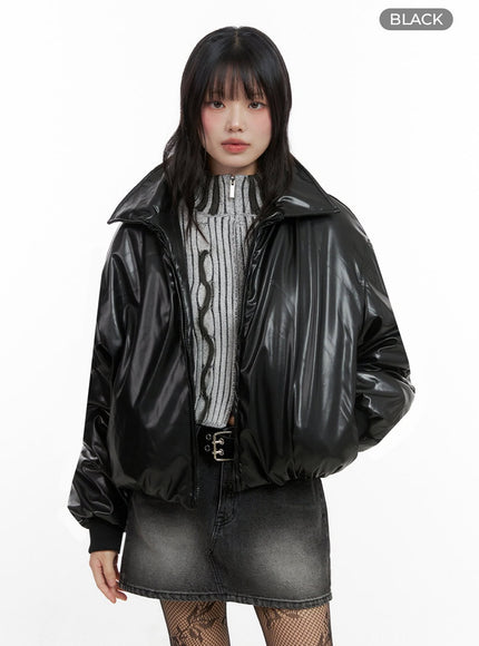 leather-padded-puffer-jacket-io430 / Black