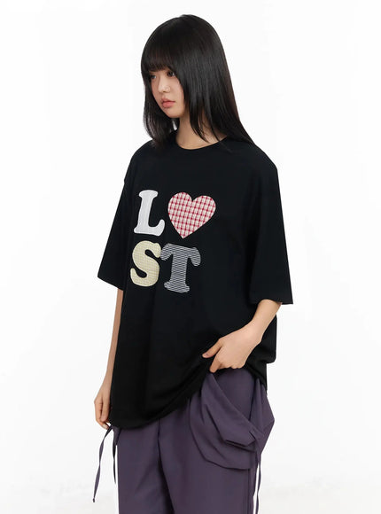 plaid-lost-graphic-oversized-t-shirt-ia523 / Black