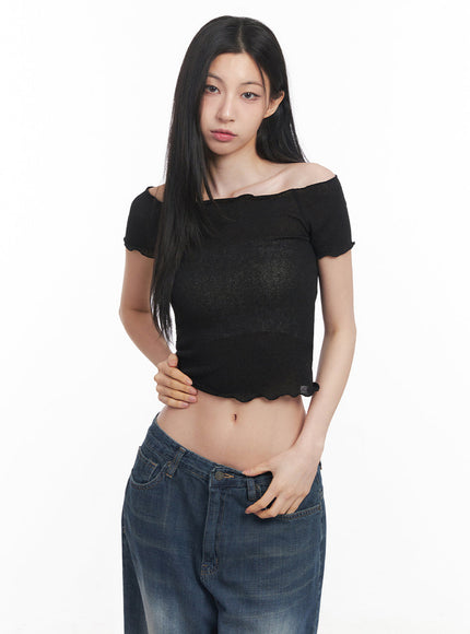 Sheer Frill Off-Shoulder Crop Top IY516