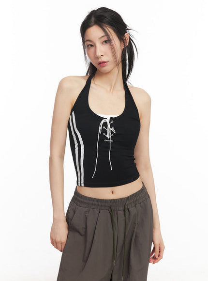 halter-lace-up-eyelet-crop-tank-top-iy529 / Black