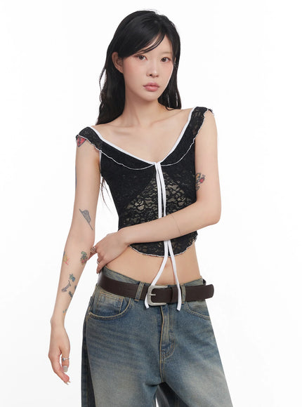 sheer-lace-sleeveless-top-ic503 / Black