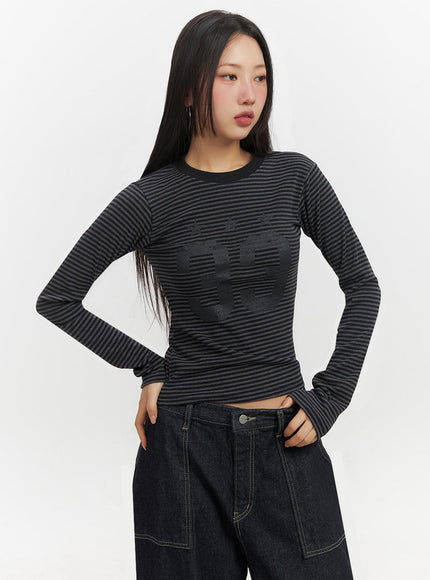 Slim-Fit Striped Long Sleeve Top with Graphic IF511