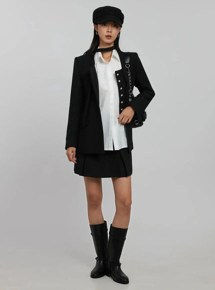 tweed-square-neck-jacket-scarf-set-ij508 / Black