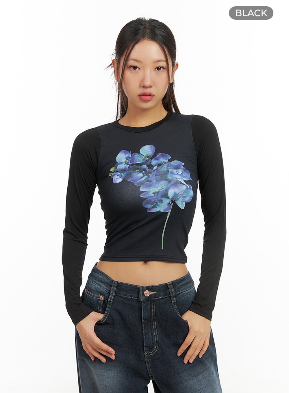 flower-graphic-bliss-long-sleeve-top-is402 / Black