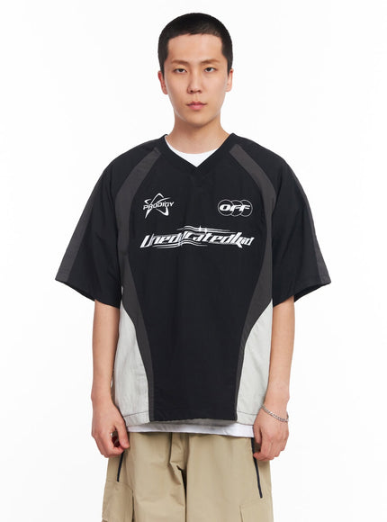 mens-nylon-graphic-v-neck-t-shirt-iu512 / Black