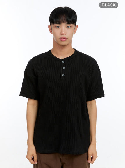 mens-buttoned-ribbed-cotton-top-ig416 / Black