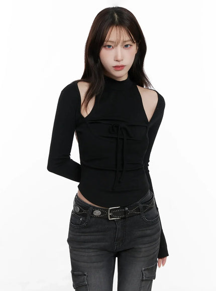 Ribbon Turtleneck Cutout Top IN514