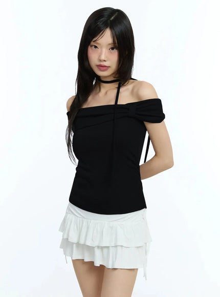 ribbon-off-shoulder-tee-with-scarf-set-iu524 / Black