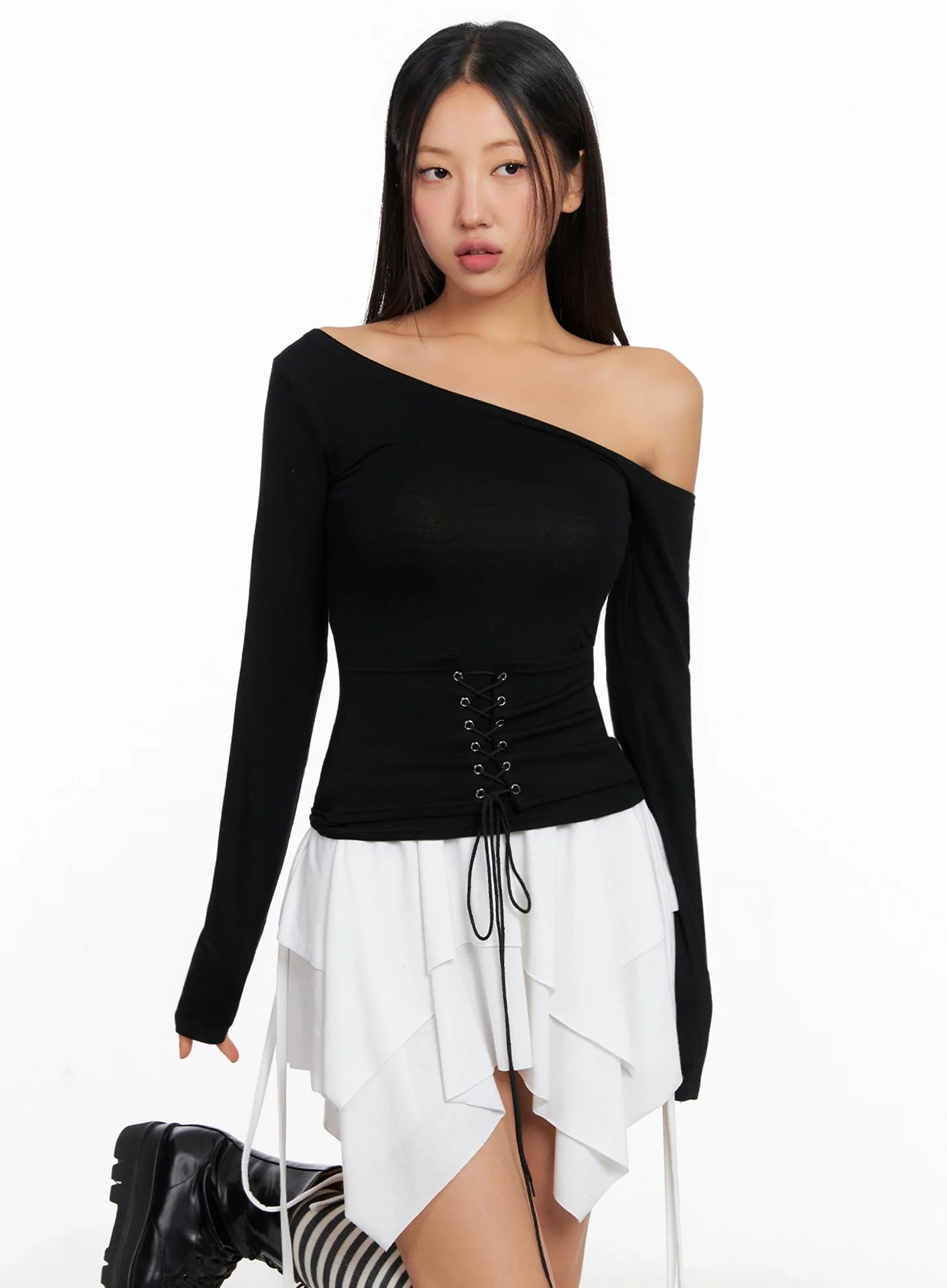Off-Shoulder Lace-Up Corset Blouse IG528