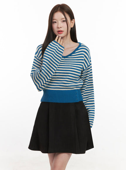 stripe-oversized-v-neck-sweater-if505 / Blue