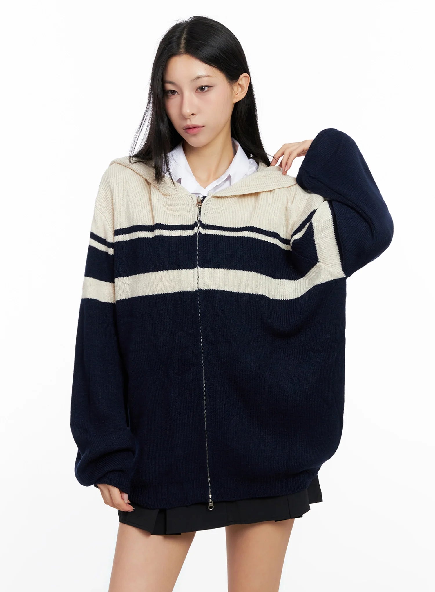 striped-oversized-zip-up-knit-hoodie-ig508 / Dark blue
