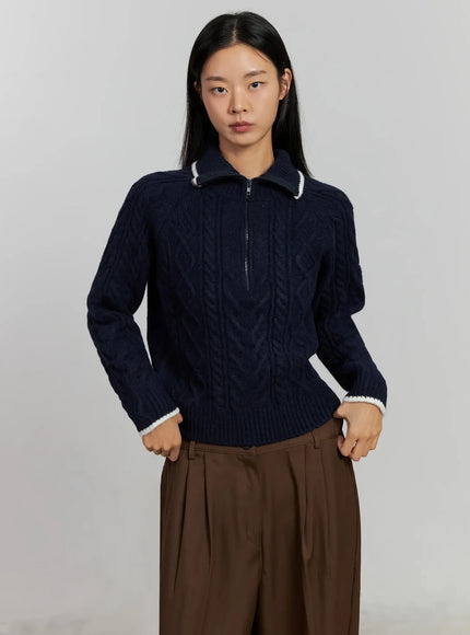 cable-knit-half-zip-sweater-ij505 / Dark blue