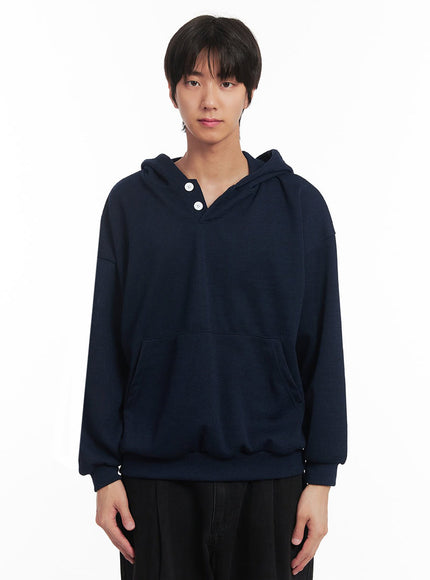 mens-ribbed-buttoned-hoodie-ia511 / Dark blue