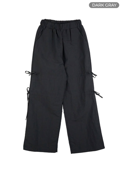 shirred-ribbon-banded-wide-leg-pants-is402 / Dark gray