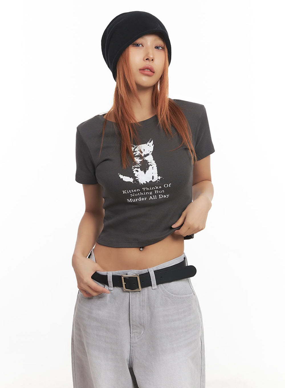 cat-graphic-crop-top-ia515 / Dark gray